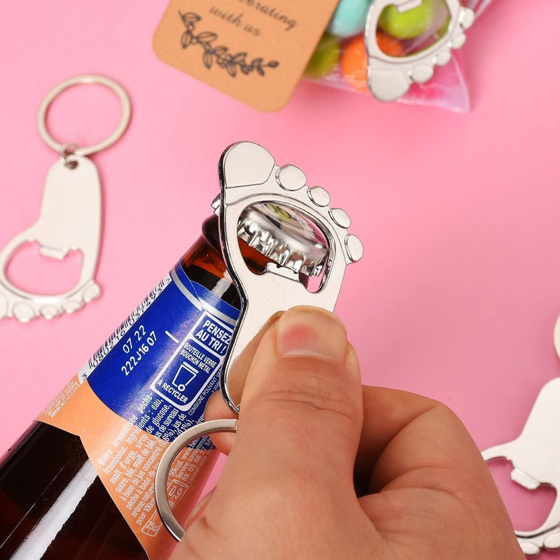 KaGrbves 50 Pieces Footprint Bottle Opener Baby Shower Favors for Guest with Keychain and Organza Bags Tags (silver) - Image 5